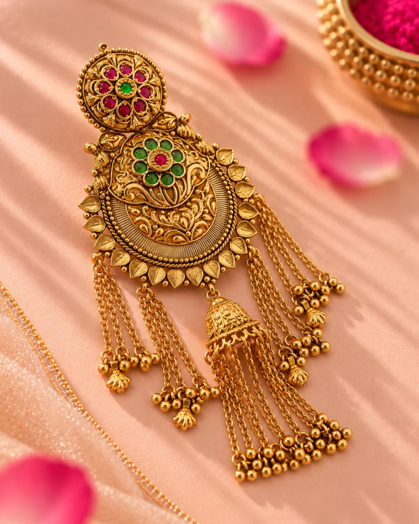 22K Micron Gold-Plated Rajwadi Jadau Stone & Beaded Hair Accessory with Jhumka Drop