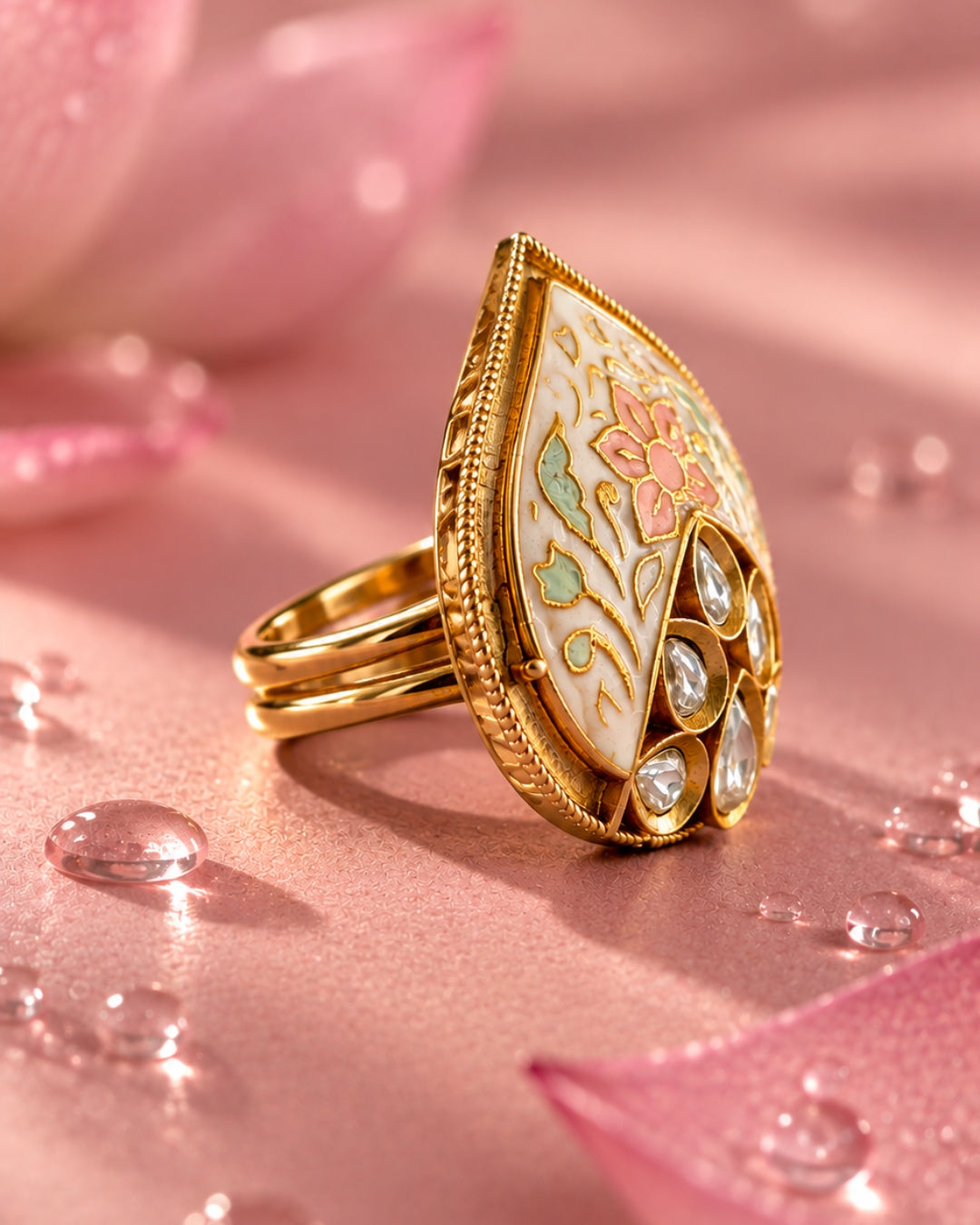 Gold Plated Teardrop Meenakari Adjustable Ring