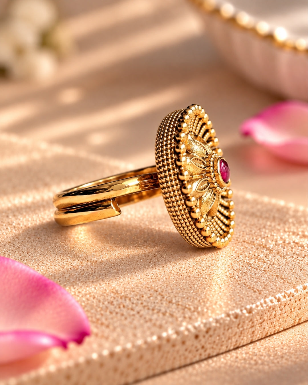 Floral-Designed Gold-Plated Round Ruby Studded Ring