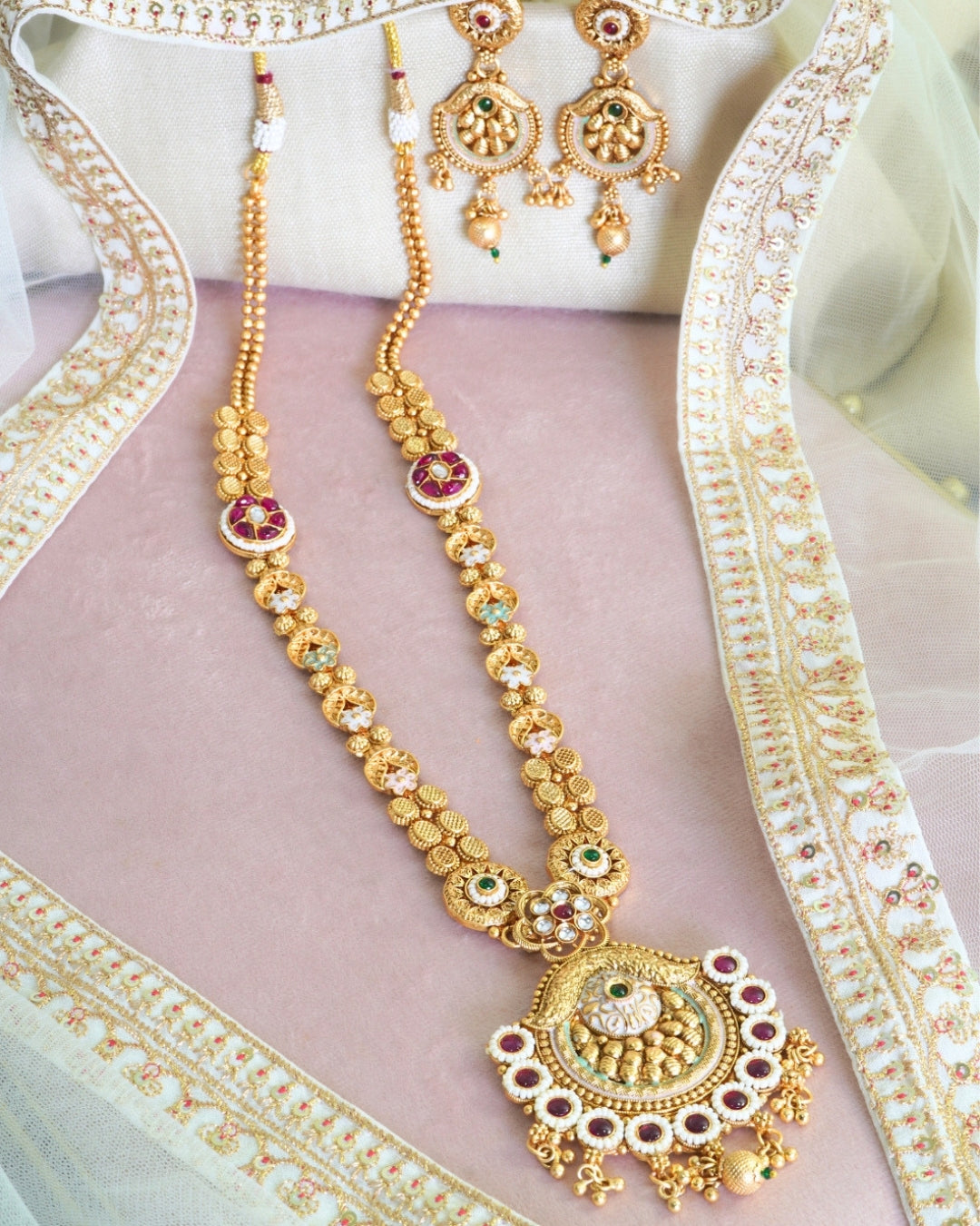 Long Gold-Plated Meenakari & Multistone Necklace Set
