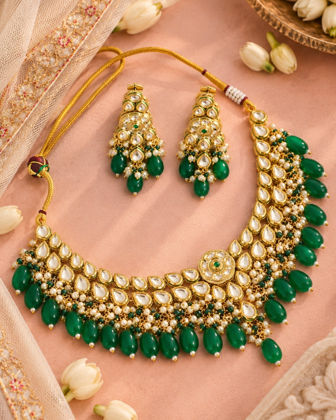 Kundan with Green Beaded Gold Plated Necklace Set