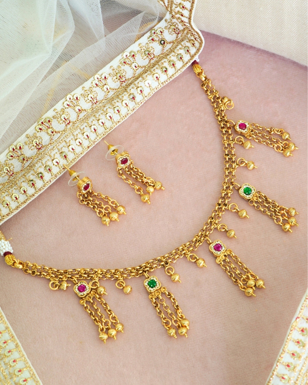 Gold Plated Stone Studded Long Dangling Necklace Set