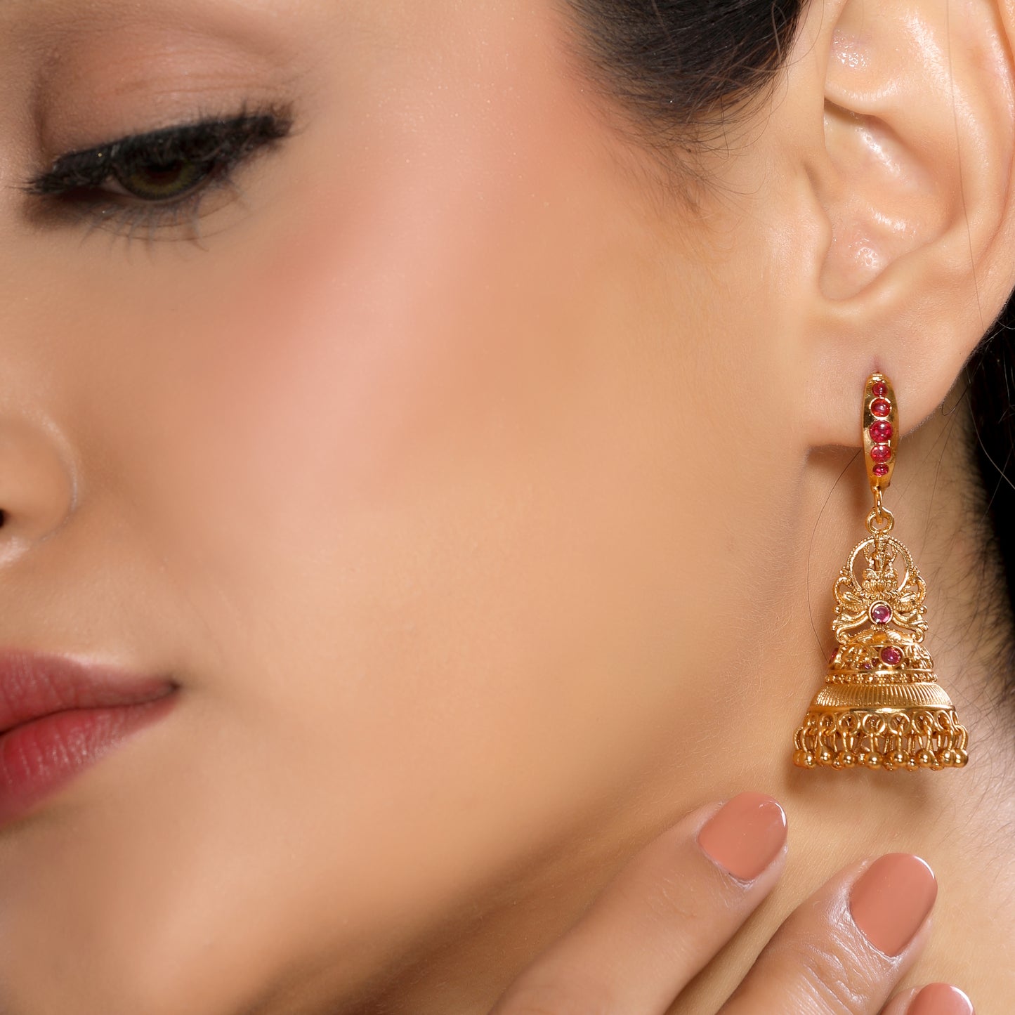 Stunning Linear Laxmi Jhumka Earrings in Traditional Temple Style 8KT Gold Plated Matte Finish