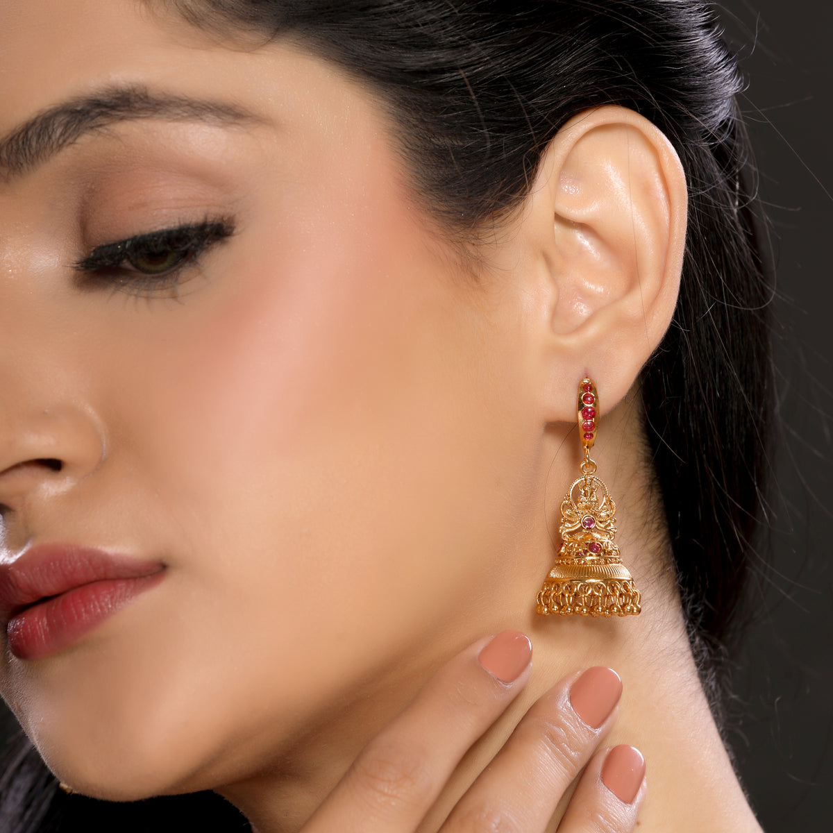Linear Laxmi Temple Jhumka Earrings | 8KT Matte Gold-Plated Finish