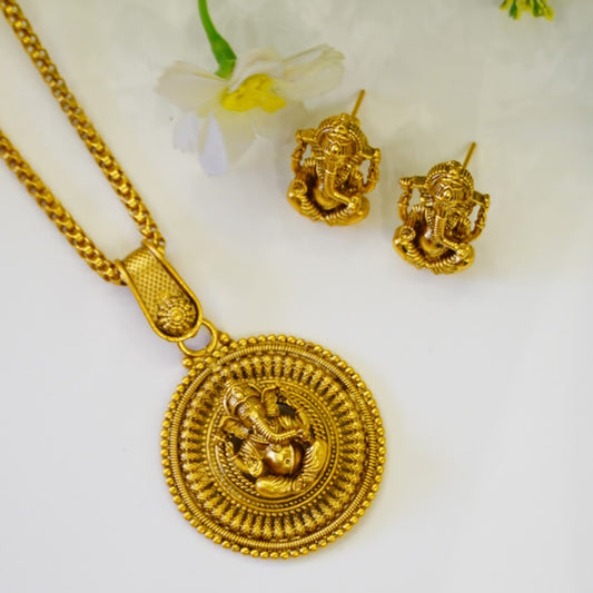 Traditional Matte Finish Gold Plated Pure Brass Ganesh Temple Pendant Set