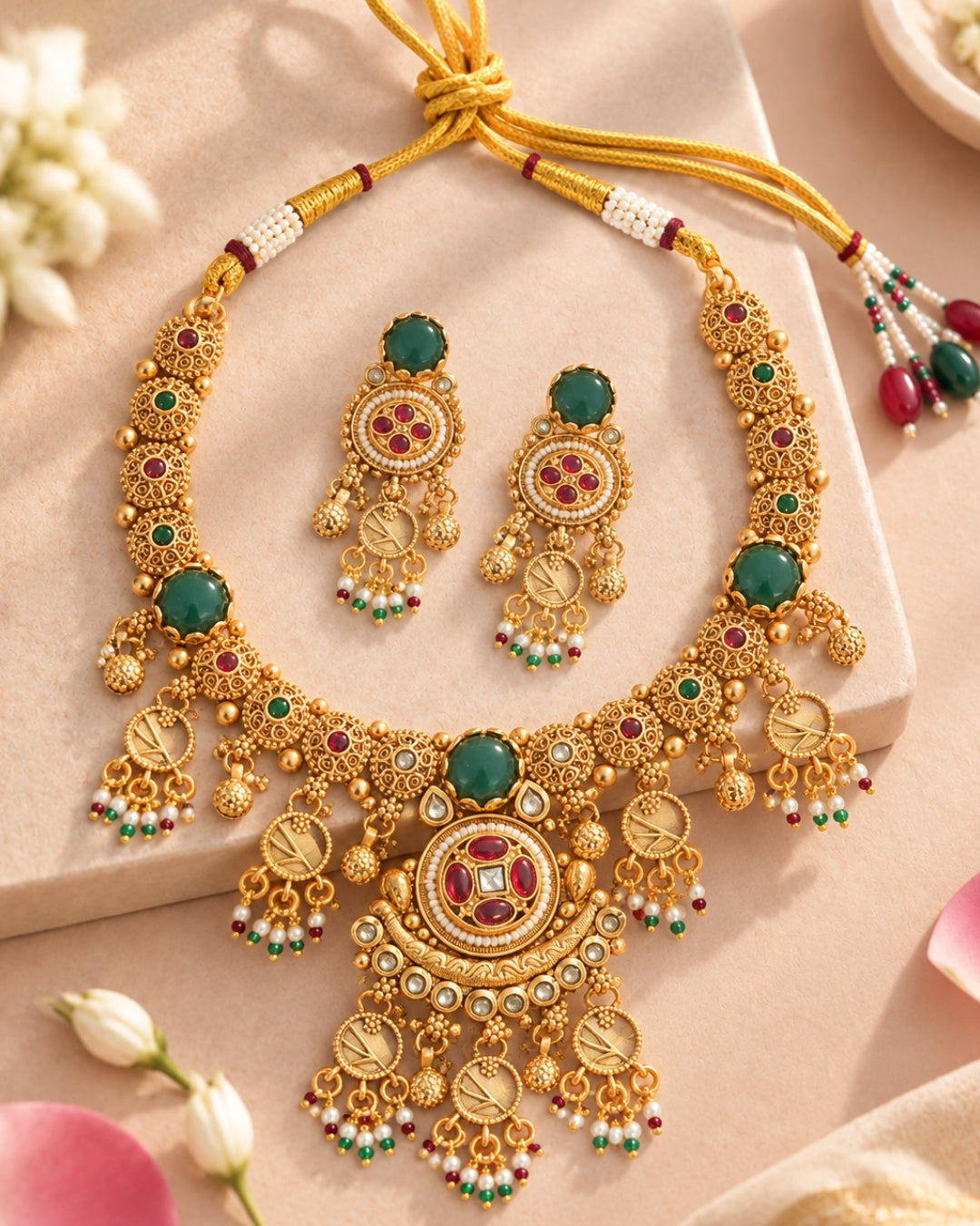 Emerald Studded Gold-Plated Beaded Necklace Set