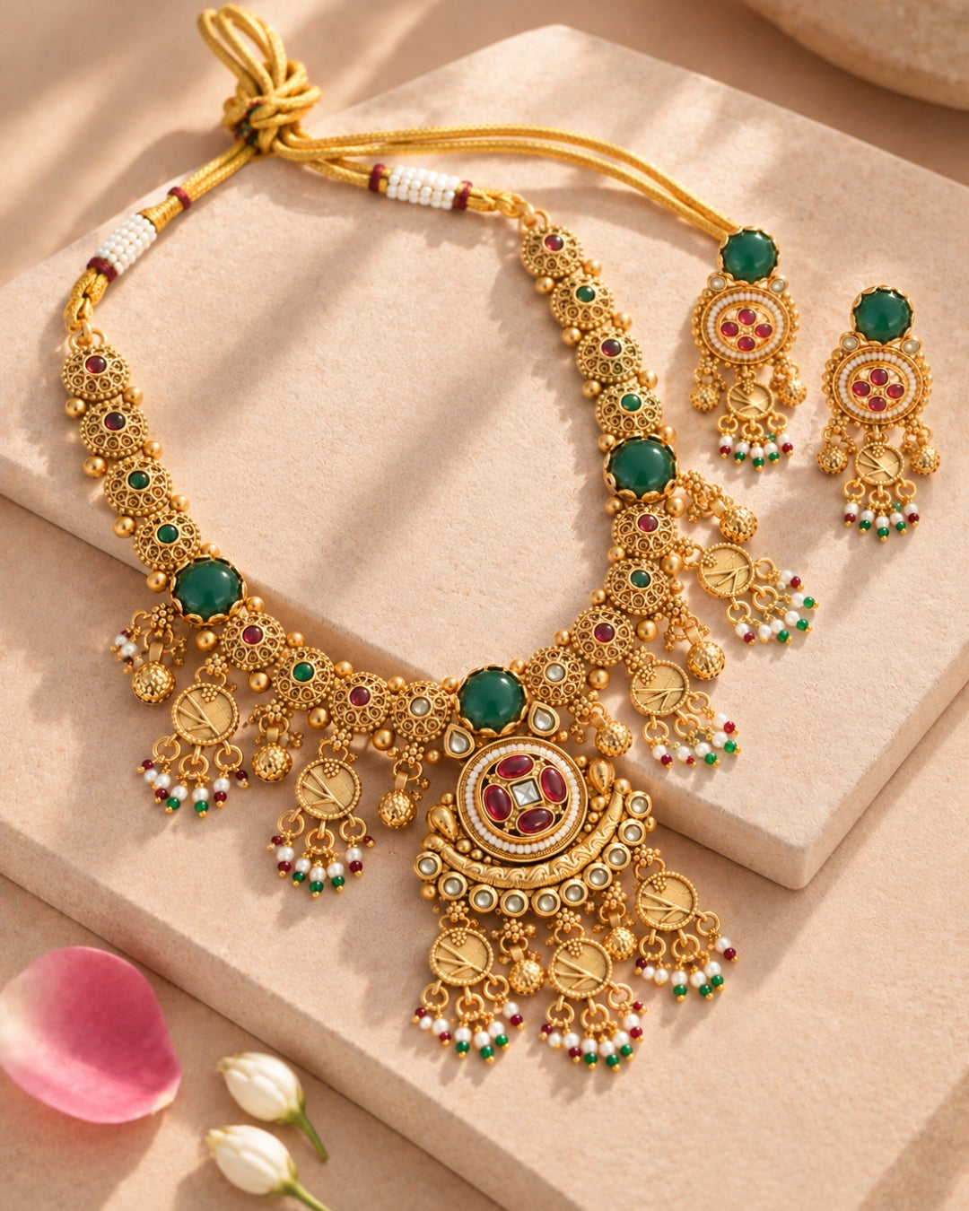 Emerald Studded Gold-Plated Beaded Necklace Set