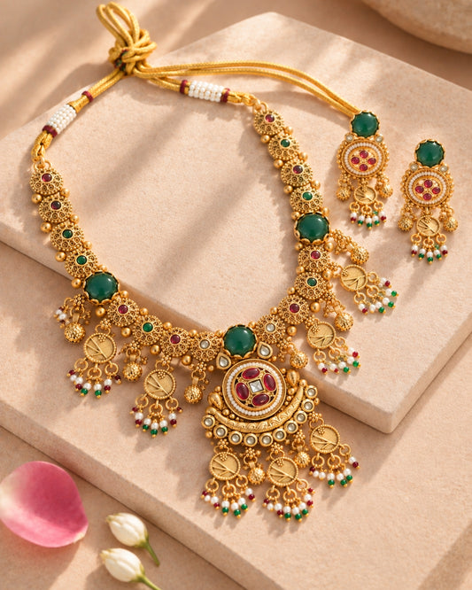 Emerald Studded Gold-Plated Beaded Necklace Set