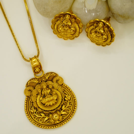 Premium Laxmi Ji Pure Brass in Matte Finish Gold Plated Temple Pendant Set