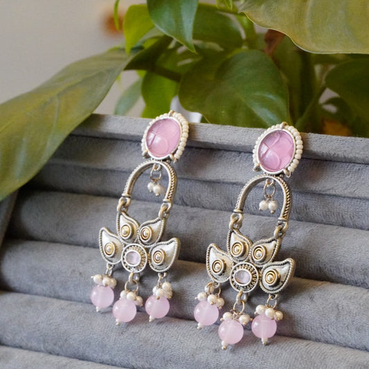 Large Dangler Statement Oxidized Earrings with Pink Jaipur Stone, Opulent Pearls n Crystal Beads