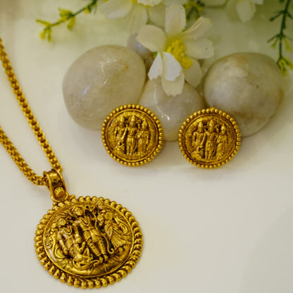 High End Pure Brass Matte Gold Finish Ram Darbar Temple Pendant Set