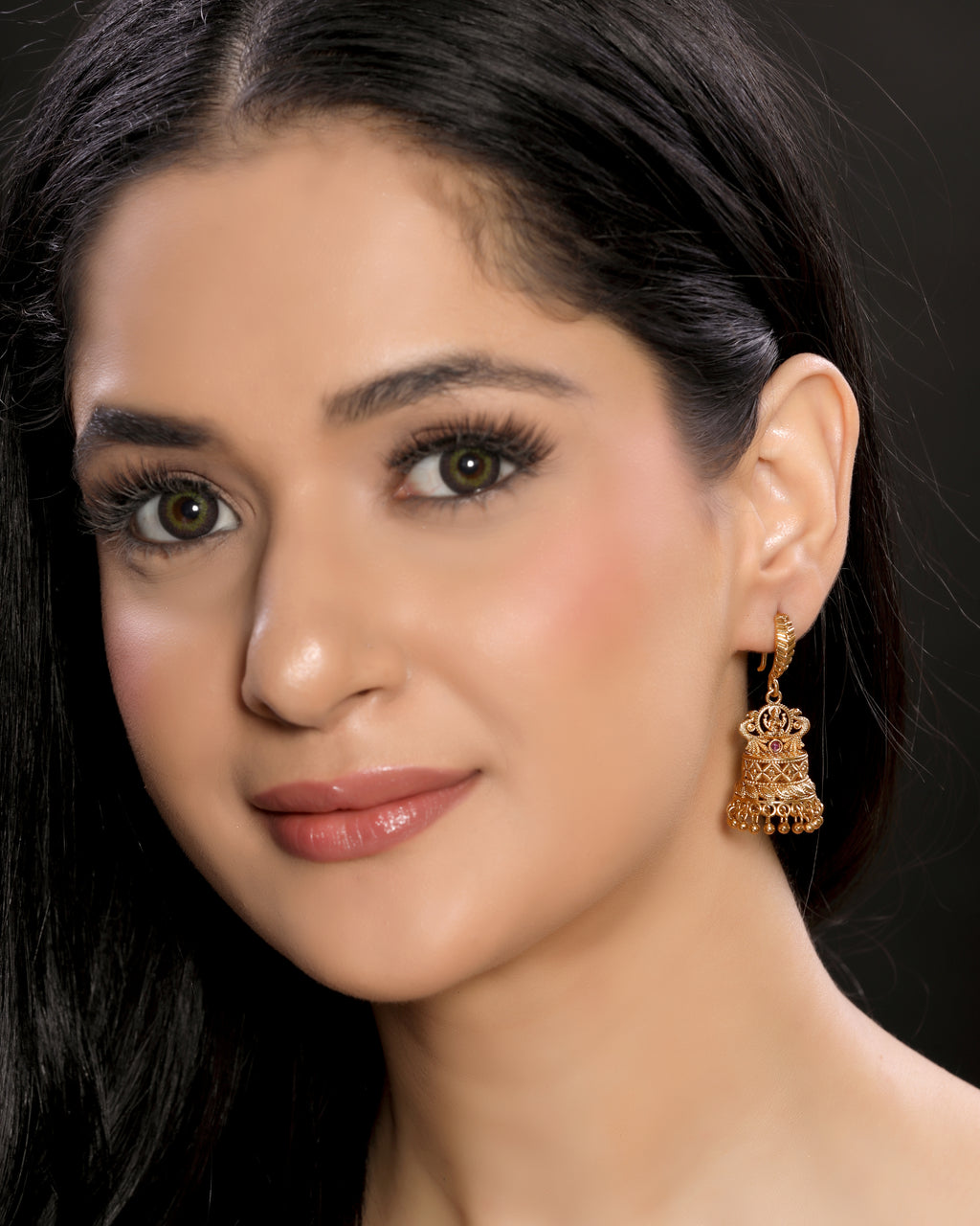 Artistic Laxmi Brass Temple Jhumka with 22KT in Matte Gold