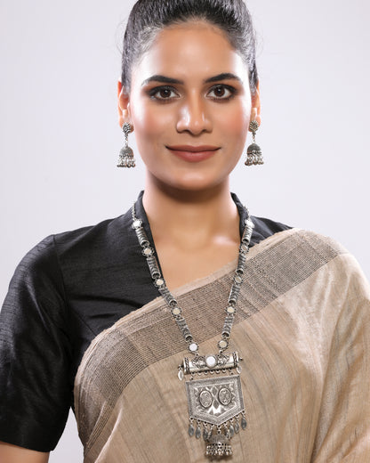 Mirror Studded Intricate Design Heavy Pendant Long Silver Oxidized Necklace Set with Jhumka Earrings