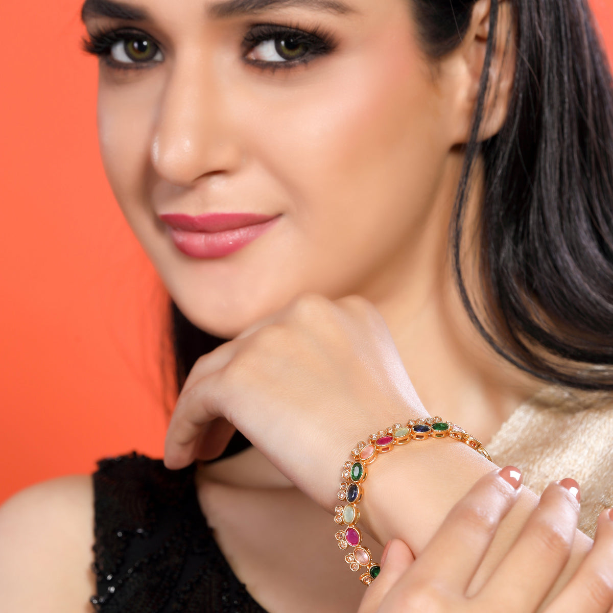 Bunny Multicoloured Crystal Linear Chain Brass Gold Plated Traditional Bracelet