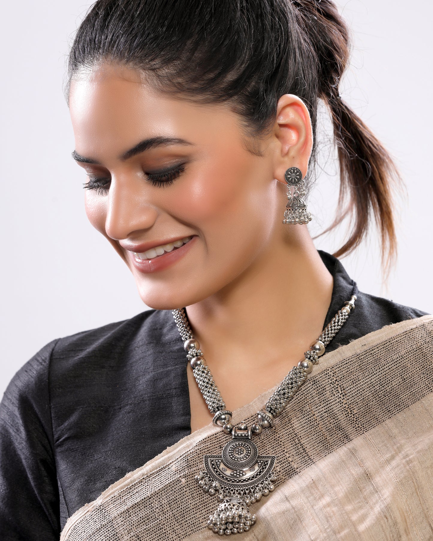 IndoWestern Silver Oxidized Jhumka Necklace Set with Earrings