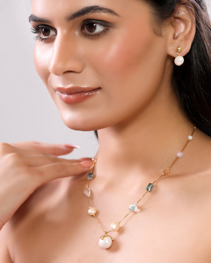 American Diamond Studded Large Pearl with Multicolor Crystals Single Layer Chain Necklace Set with Drop Pearl Earrings