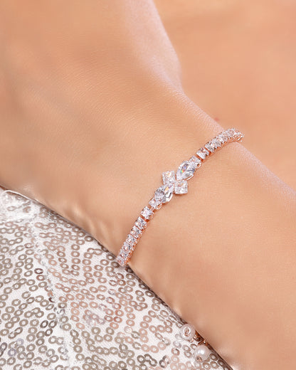 Floral Crystals with Square 5A Zirconia Studded Linear Chain Bracelet in Stainless Steel Rose Gold Plating