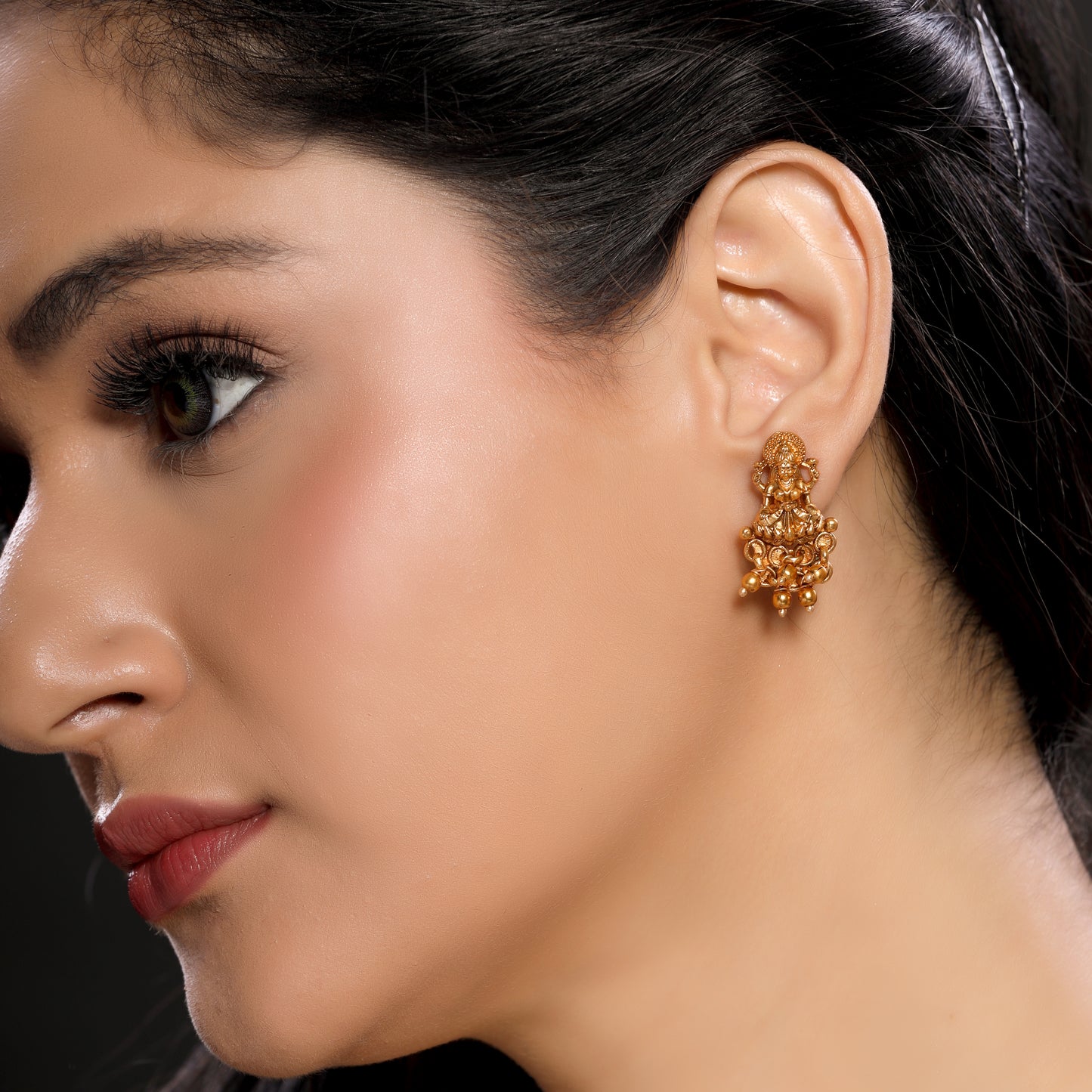 Small Size Laxmi Traditional Temple Studs Earrings in 22KT Gold Plated Matte finish