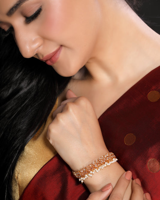 High Class Crystal and Beads Studded Gold Traditional Linear Bracelet in Brass Alloy