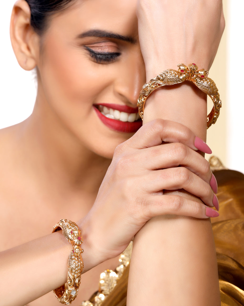 Magnificent Ruby n Emerald Studded Openable Brass Kada Bangle in Matte Finish Gold