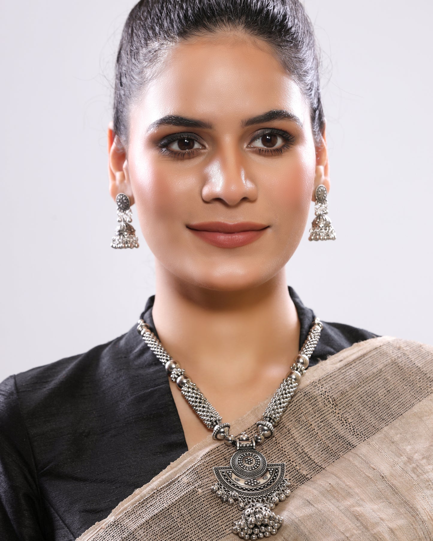 IndoWestern Silver Oxidized Jhumka Necklace Set with Earrings