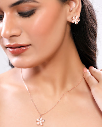 Mother of Pearl and Zirconia Studded Floral Delicate Necklace set with Stud Earrings in Rose Gold Plating Stainless Steel