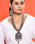 Long Mirror Studded Oxidized Necklace Set with Dangler Earrings