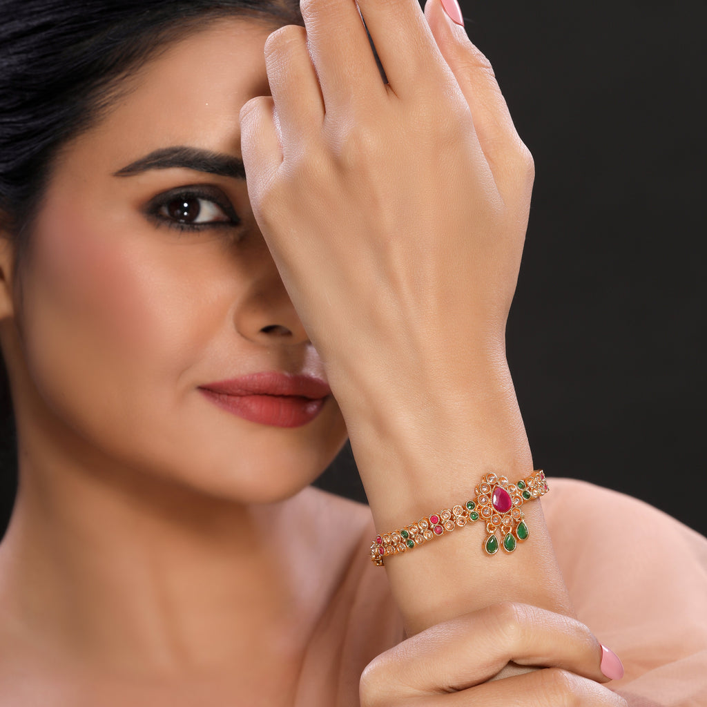 High Toned Multicolour Crystal Studded Broochy Linear Chain Traditional Bracelet in Gold Plated