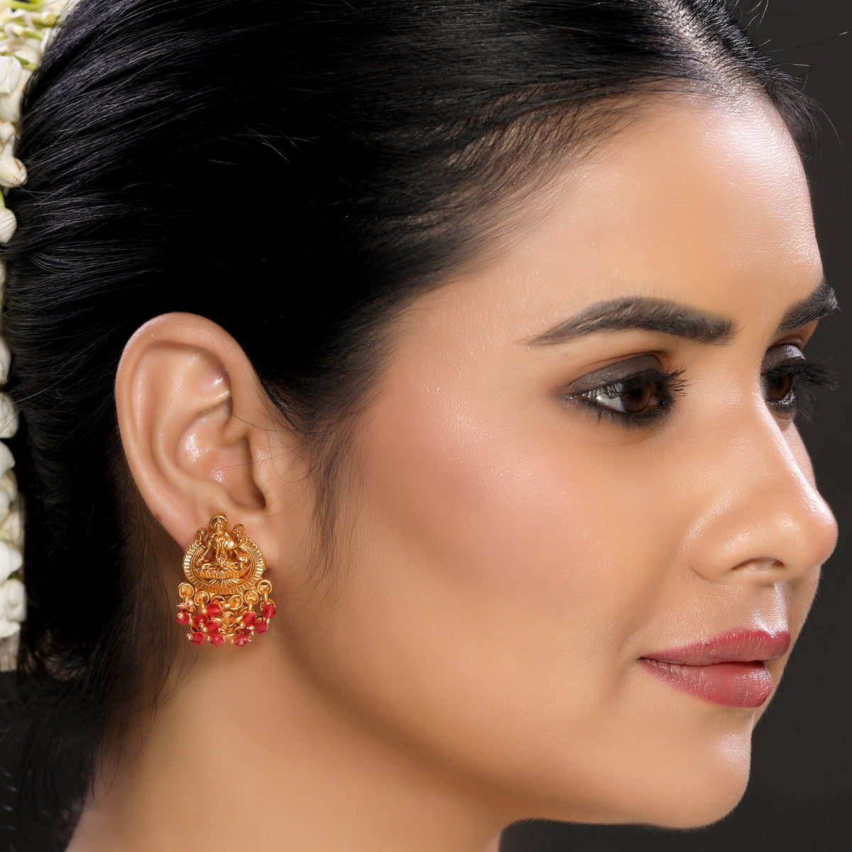 Classic Laxmi Temple Studs in Matte Gold with Red Motifs