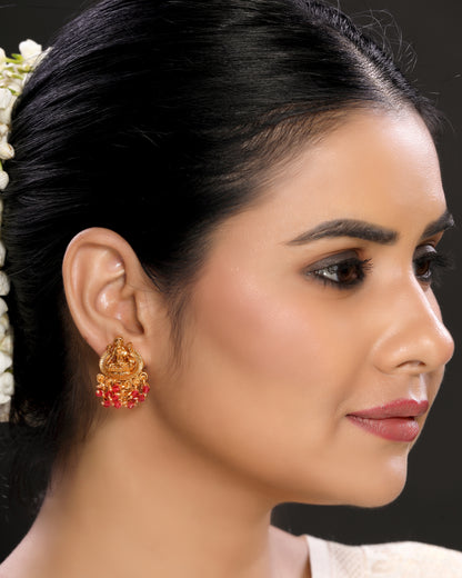 Divine Traditional Temple Laxmi Brass Studs studded with Red Crystal Beads in 22KT Gold Plated Matte Finish