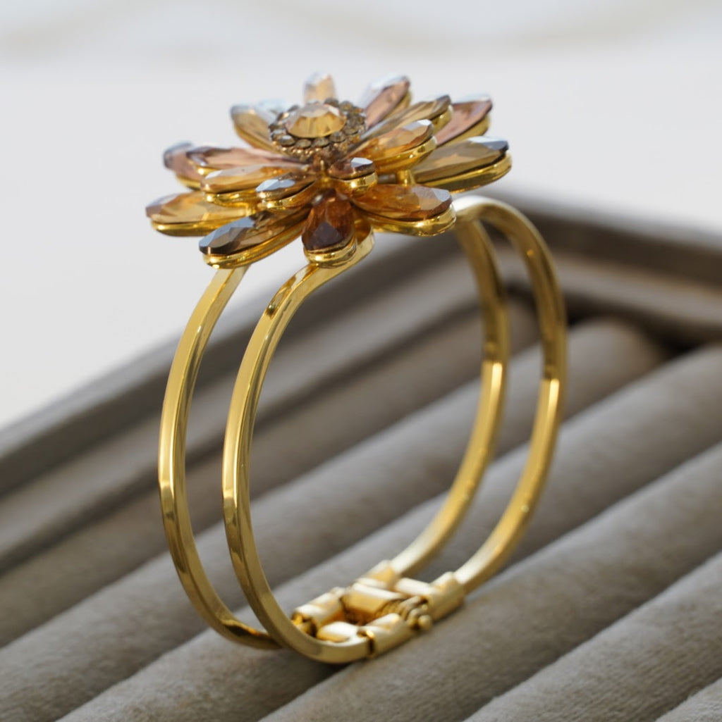 Stunning Bold Statement Floral Crystal 22k Gold Plated Adjustable Bracelet