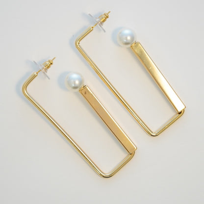 Bold Rectangular Pearl Studded 18K Gold Plated Statement Hoops Earring