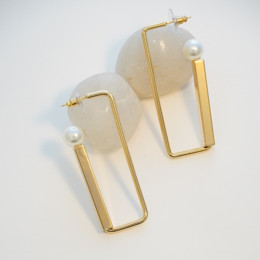 Bold Rectangular Pearl Studded 18K Gold Plated Statement Hoops Earring