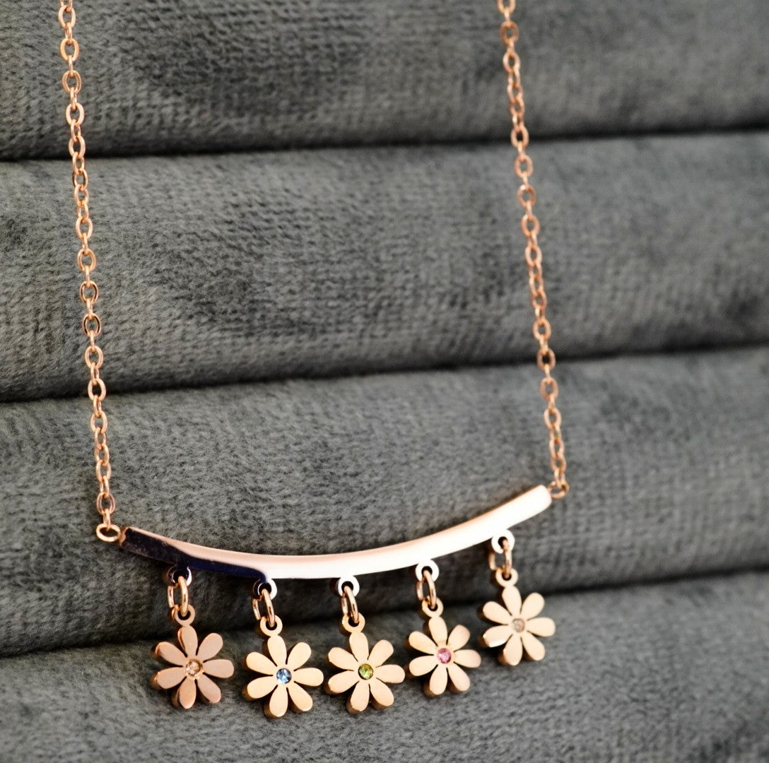 Intricate Studded Floral Hanging Rose Gold Plated Chain Pendant Necklace - Prima Donna