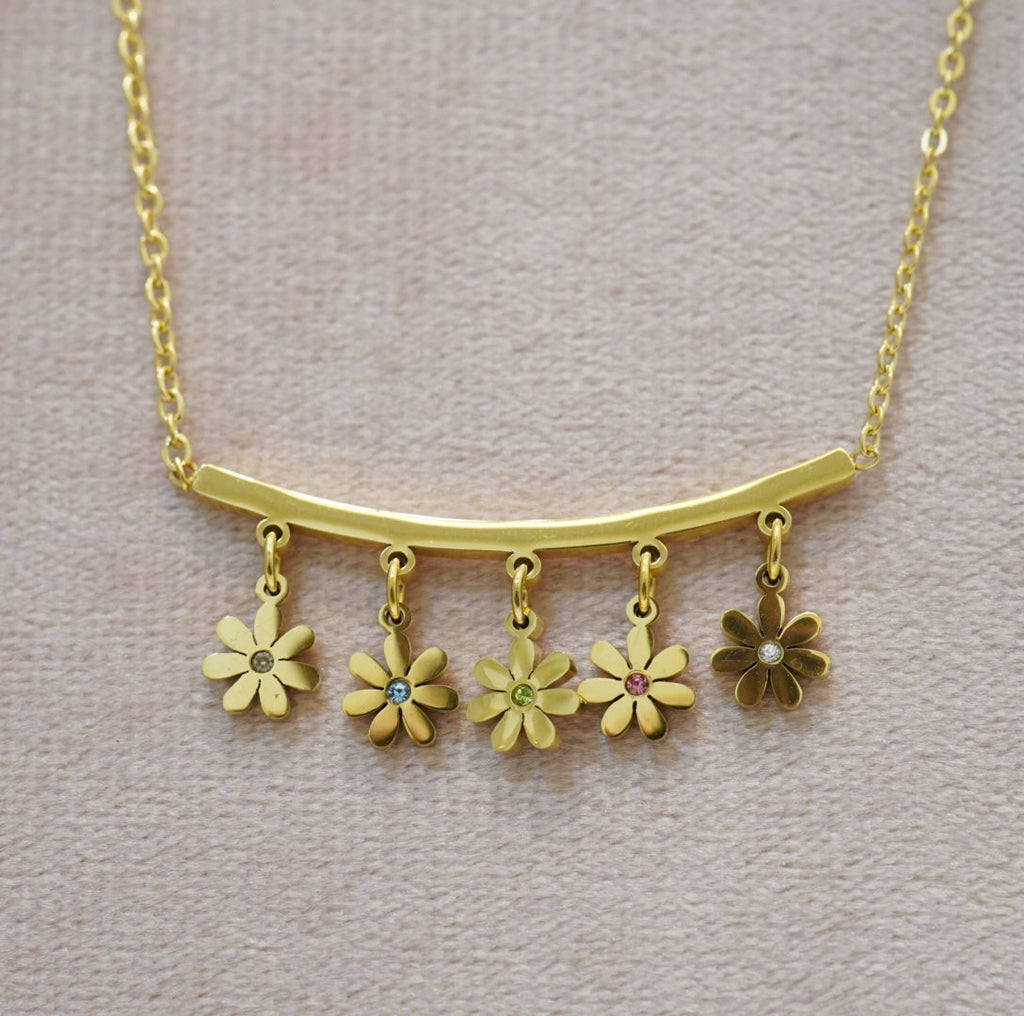 18K Gold Plated Multi Floral Linear Western Pendant Necklace