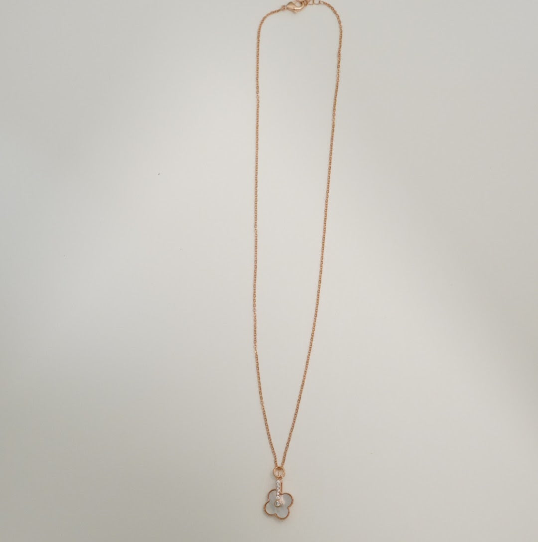Rose Gold Plated Linear Zirconia & Mother of Pearl Pendant Western Necklace