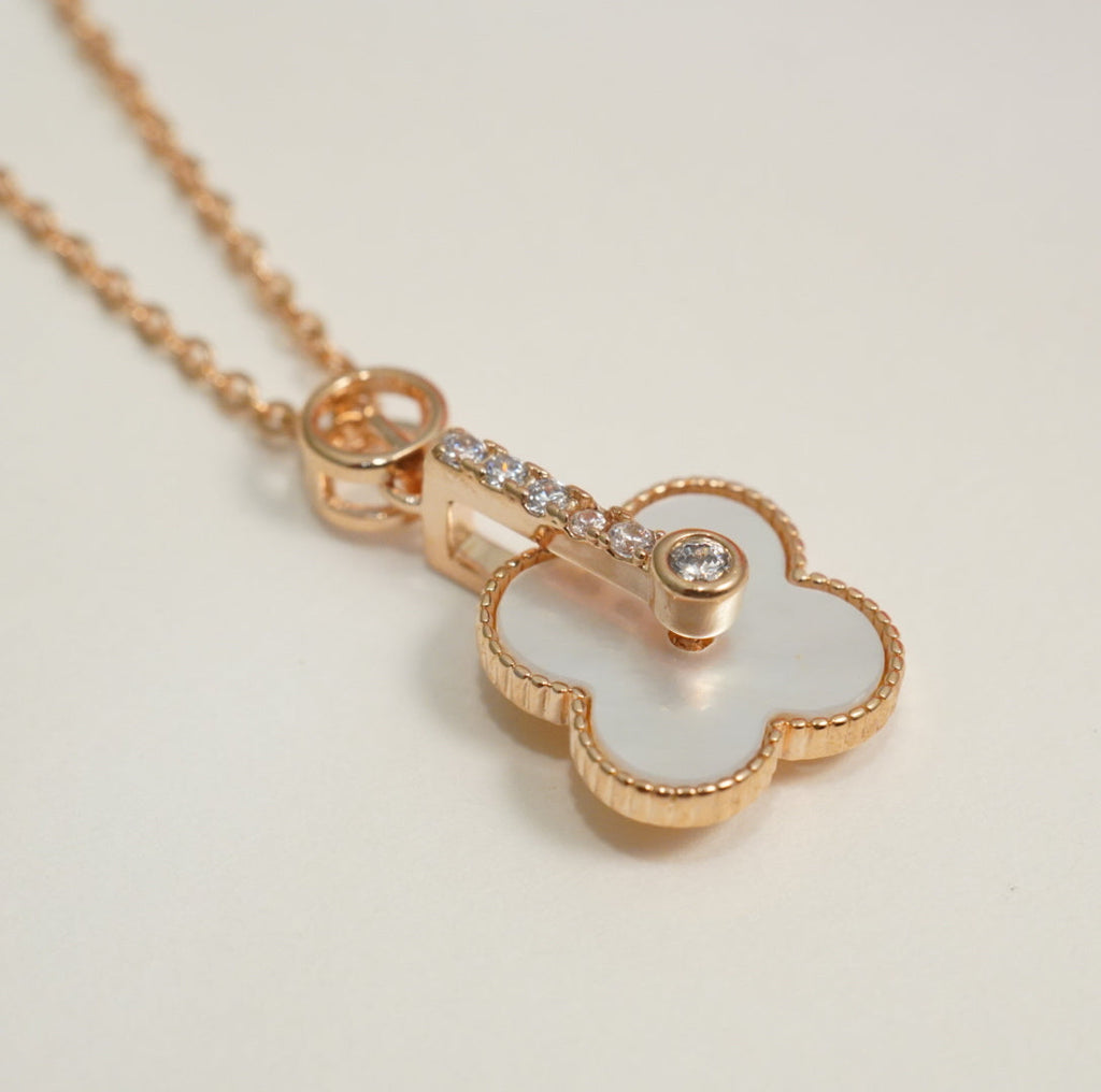 Rose Gold Plated Linear Zirconia & Mother of Pearl Pendant Western Necklace