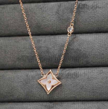 Sophisticated Zirconia Studded Floral Mother of Pearl Rose Gold Plated Chain Pendant Necklace