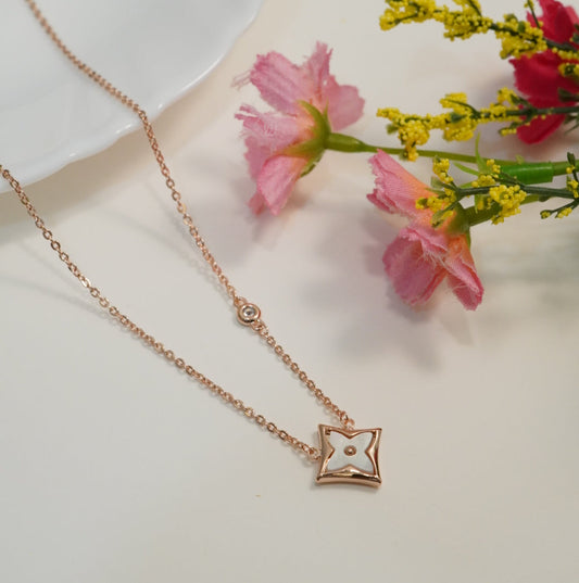 Sophisticated Zirconia Studded Floral Mother of Pearl Rose Gold Plated Chain Pendant Necklace