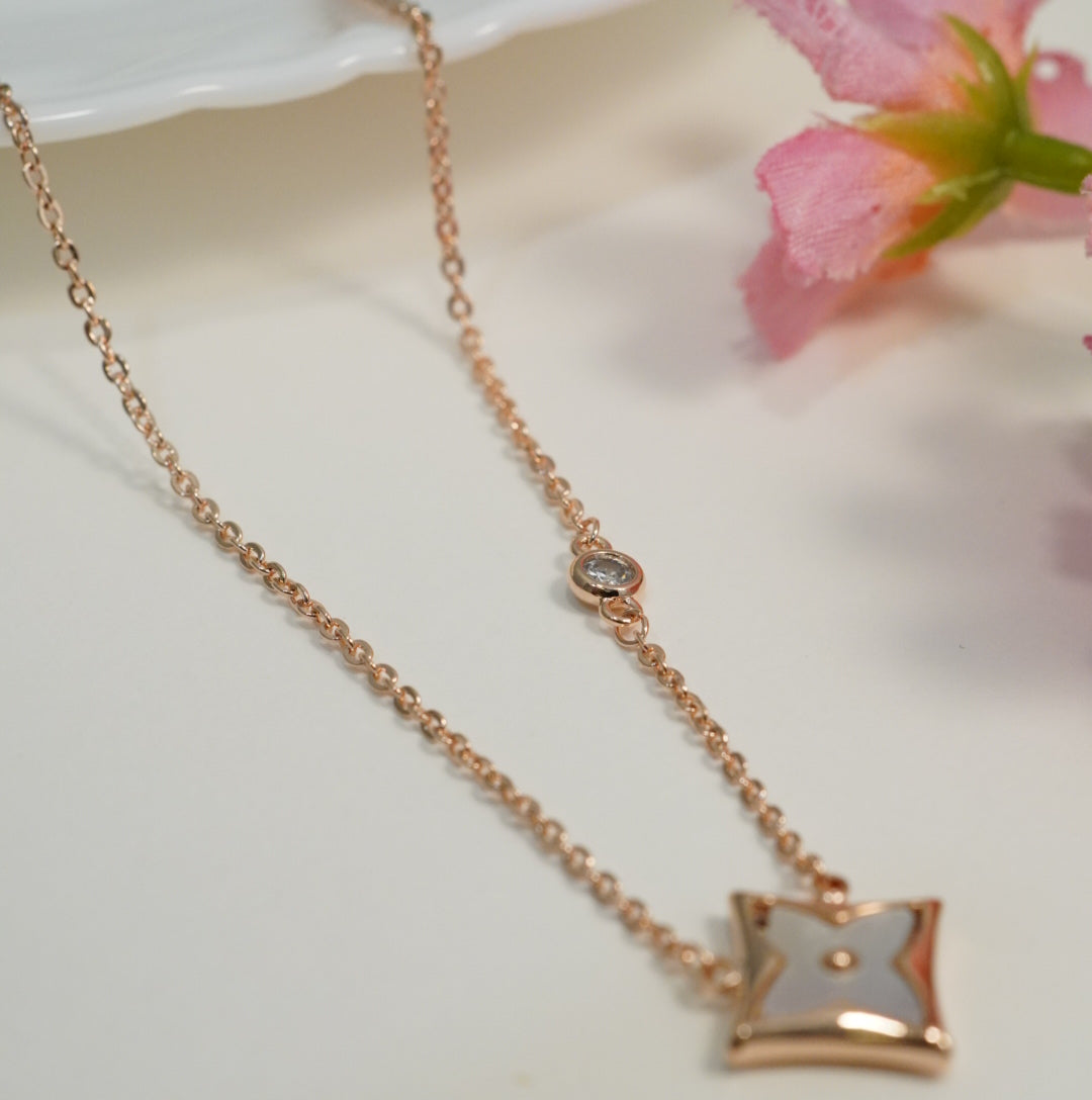 Sophisticated Zirconia Studded Floral Mother of Pearl Rose Gold Plated Chain Pendant Necklace