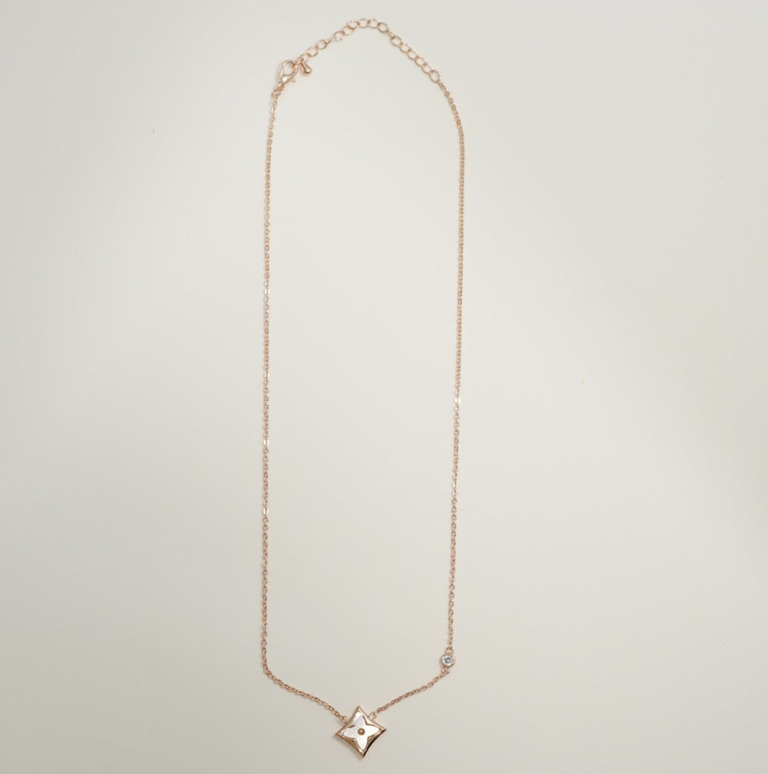 Sophisticated Zirconia Studded Floral Mother of Pearl Rose Gold Plated Chain Pendant Necklace