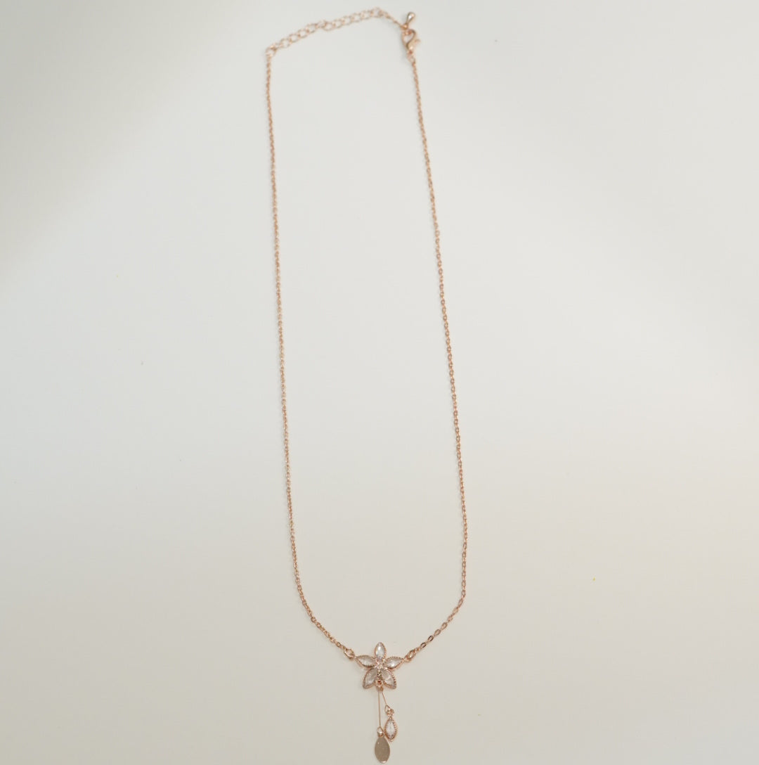 Elegant Pendant Chain Necklace with Floral Studded Zirconia in Rose Gold Plating