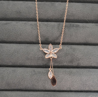 Elegant Pendant Chain Necklace with Floral Studded Zirconia in Rose Gold Plating