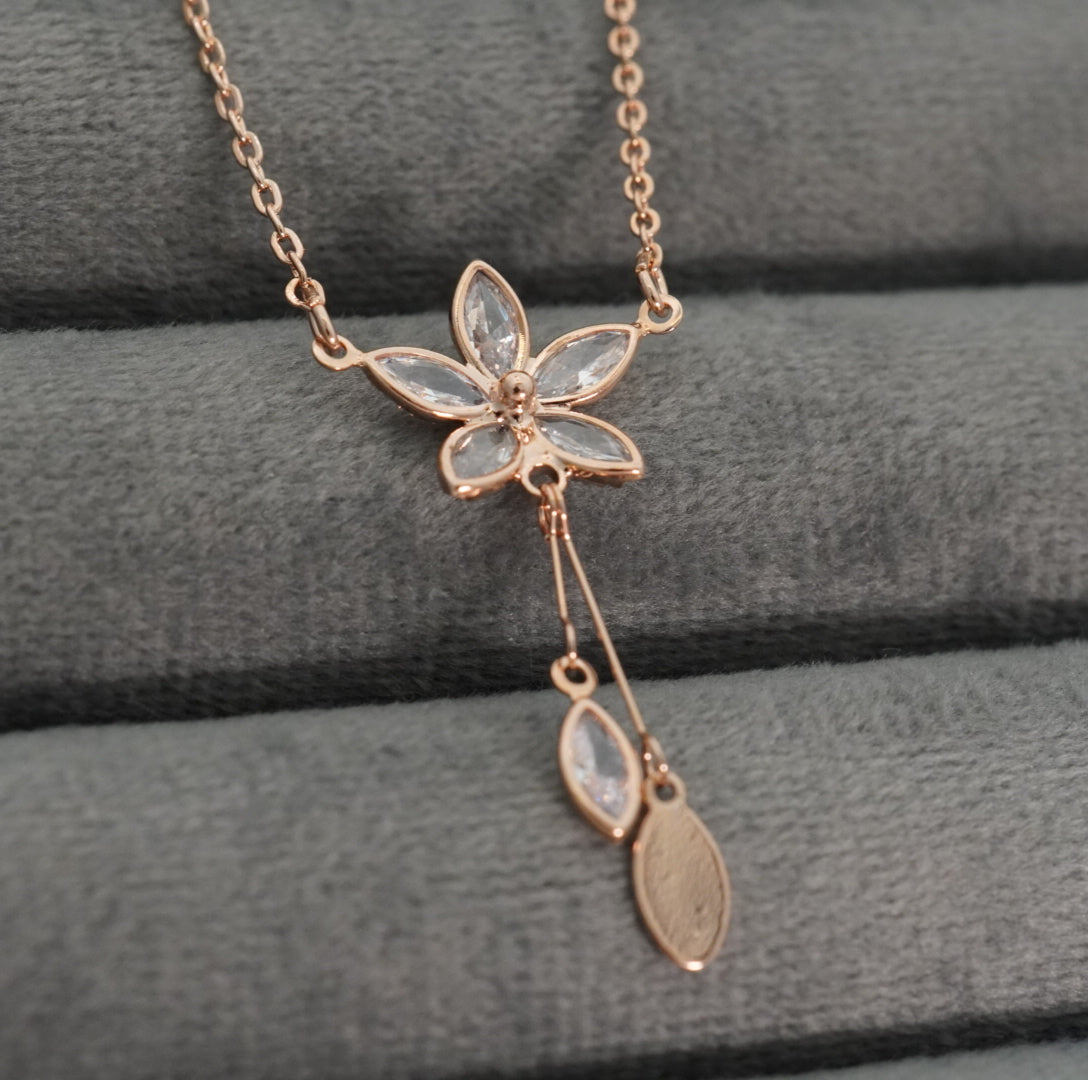 Elegant Pendant Chain Necklace with Floral Studded Zirconia in Rose Gold Plating