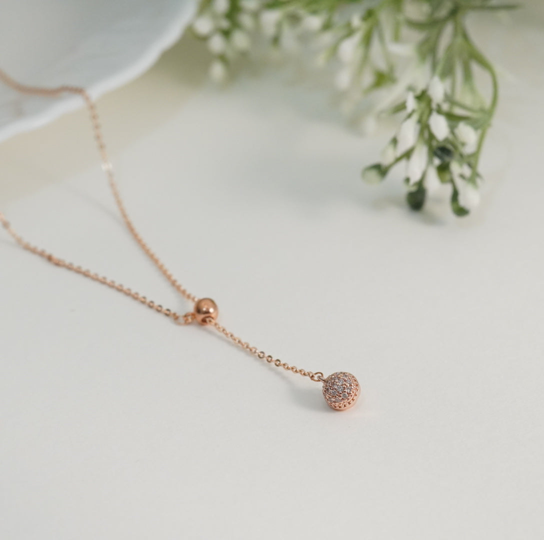 Minimalist Zirconia Studded Rose Gold Plated Spherical Hanging Pendant Necklace