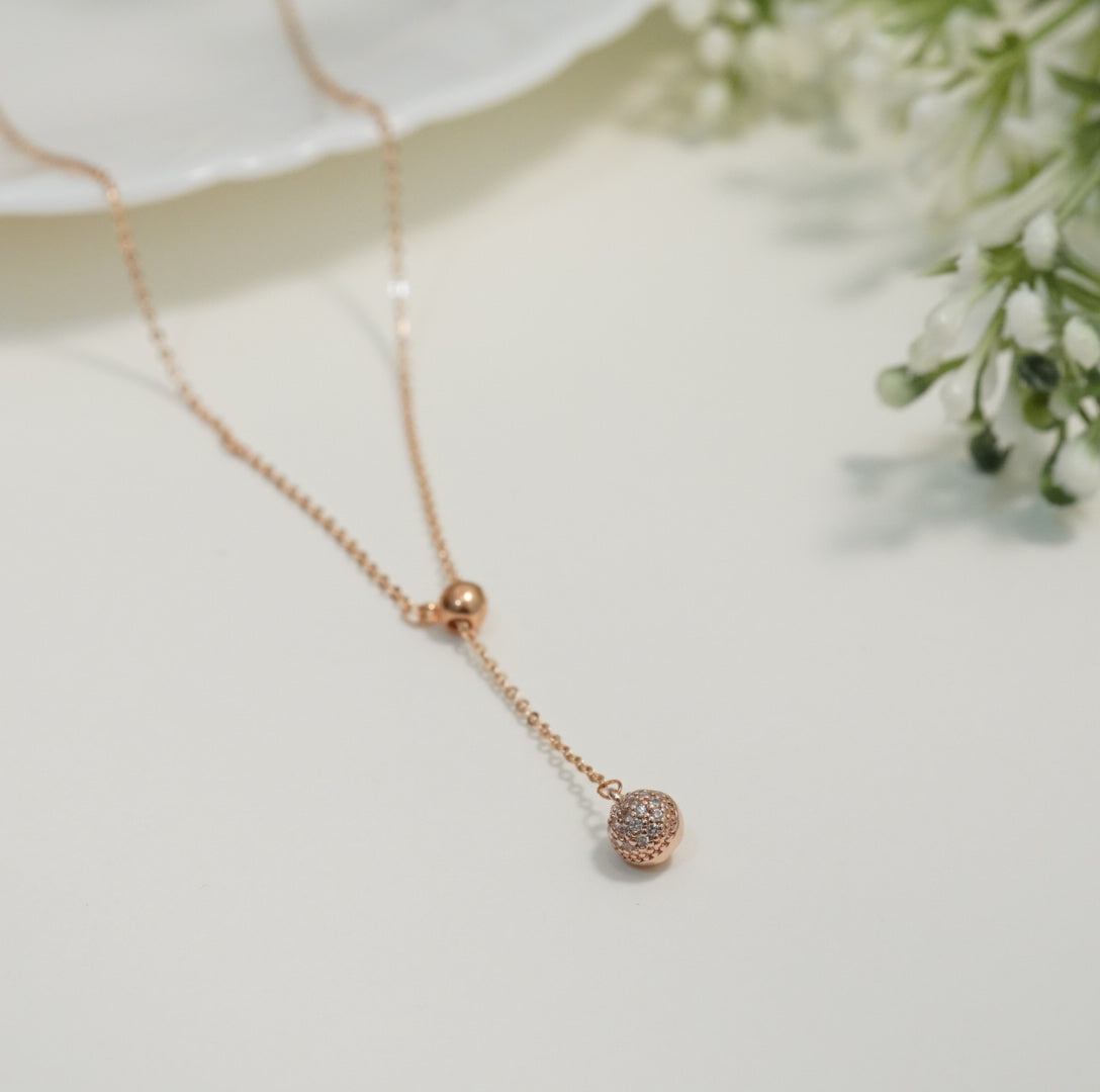 Minimalist Zirconia Studded Rose Gold Plated Spherical Hanging Pendant Necklace