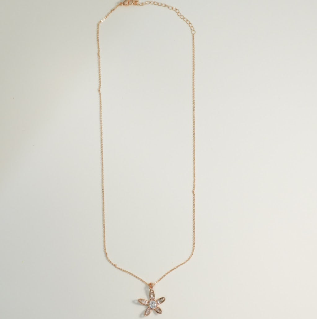 Solitaire Floral Pendant Necklace Studded Zirconia in Rose Gold