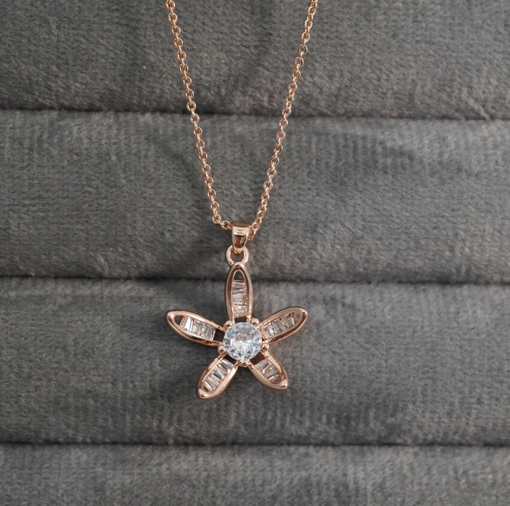 Rose Gold Plated Solitaire Floral Pendant Western Necklace