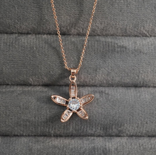 Solitaire Floral Pendant Necklace Studded Zirconia in Rose Gold