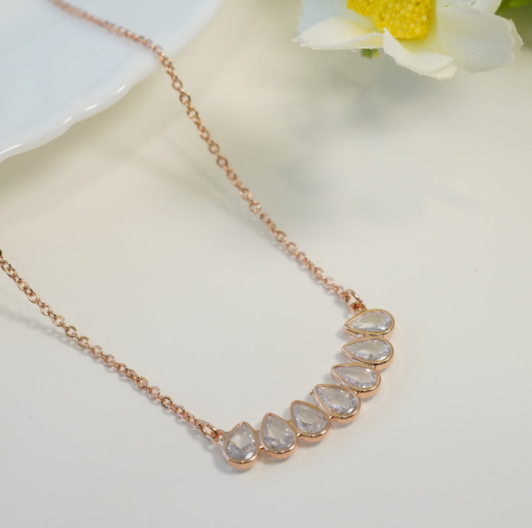 Multiple Water Drop 5A Zirconia Studded Linear Rose Gold Plated Chain Necklace